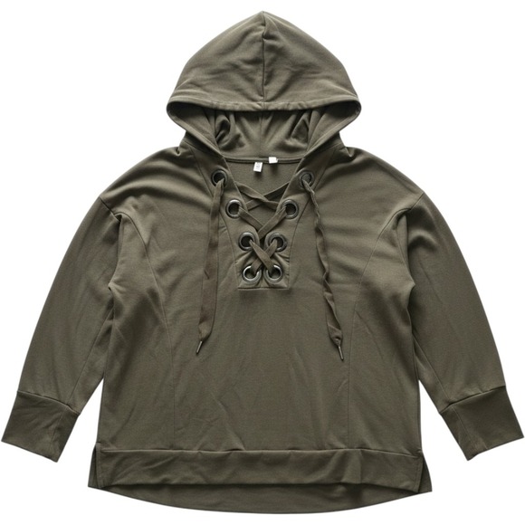 Cable & Gauge Tops - Cable & Gauge Lace Up Hoodie Womens Q Olive Green‎ Excellent Grommet Pullover